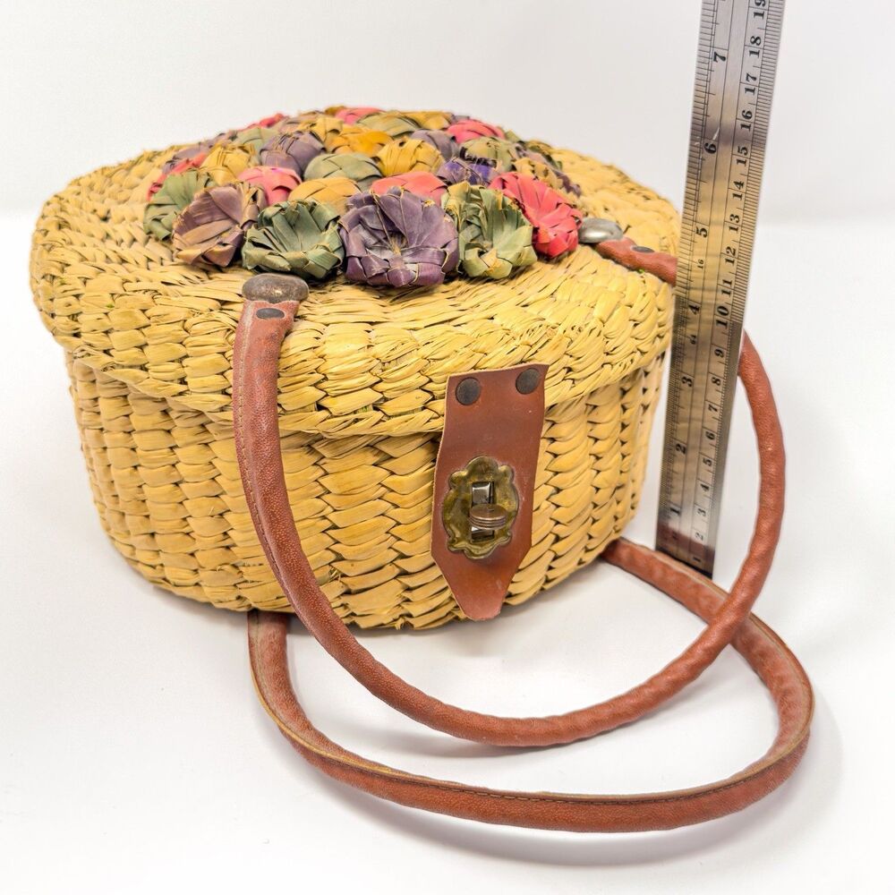 Vintage Woven Straw Sewing Basket Floral Lid Leather Handle Round Boho Bag - Picture 11 of 11